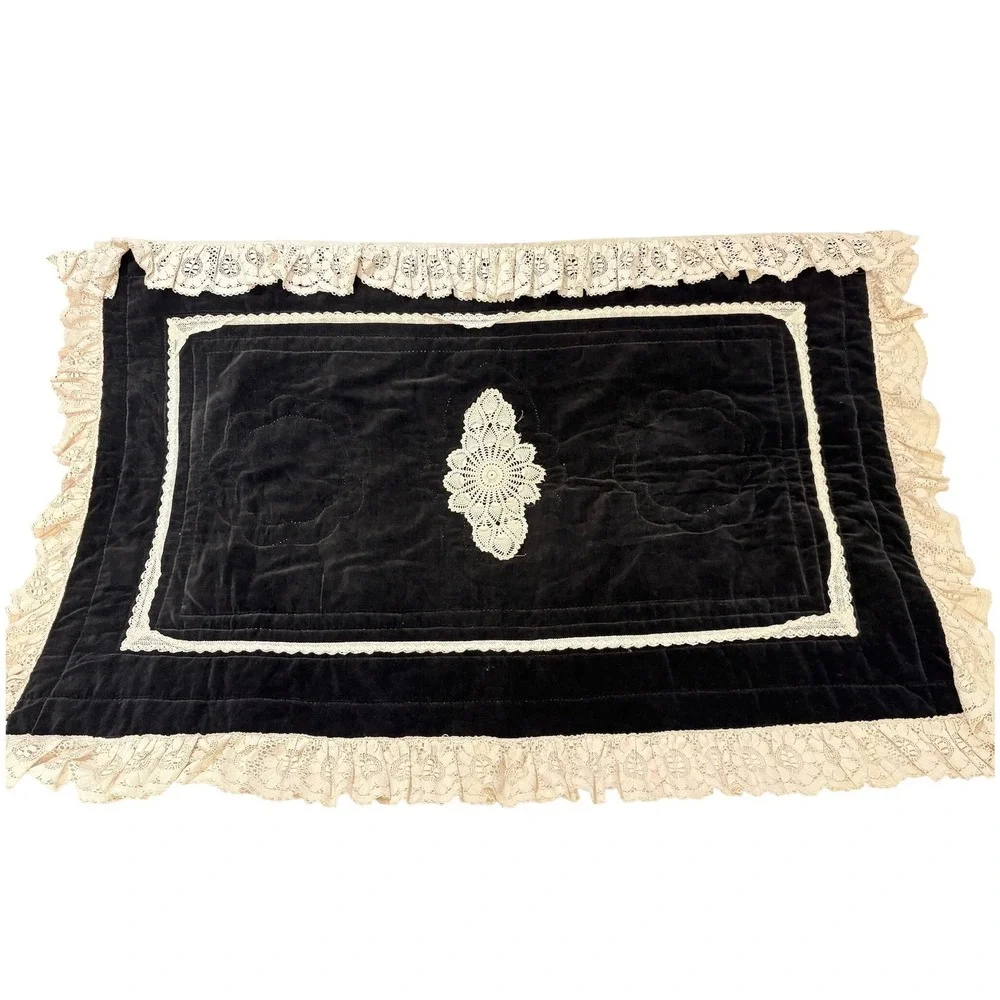 Vintage Black Velvet Quilted Throw Lace Ruffle Trim Doily Accent 40x60 Victorian